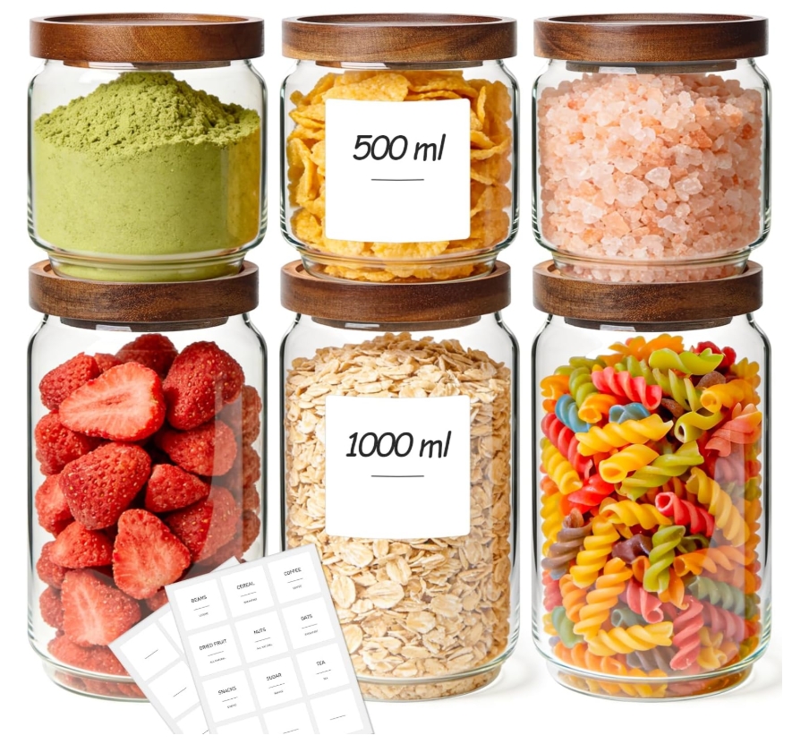 Featured image for “6 Pack Round Glass Storage Jars with Wooden Lids”